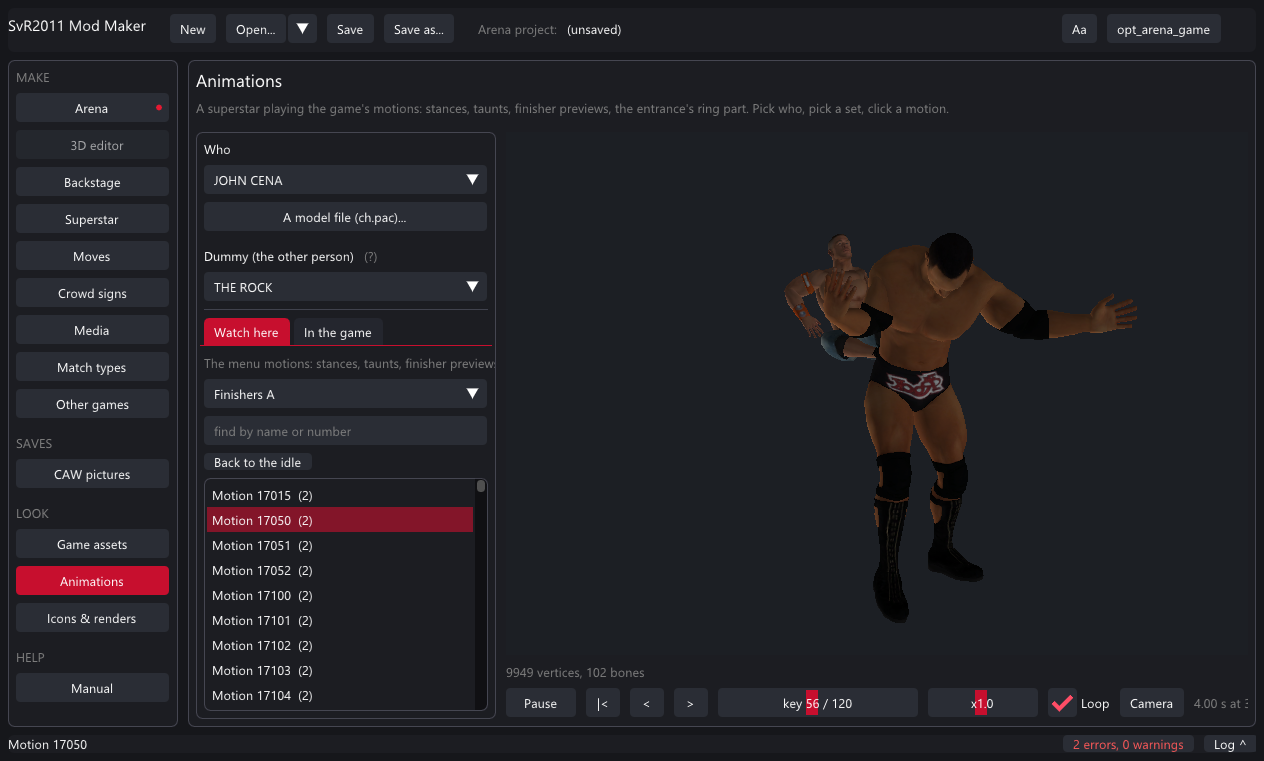 The Animations page: a finisher preview with a dummy on the victim's track