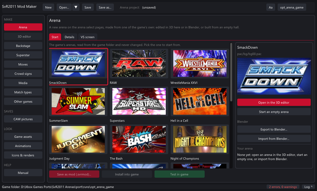 The Arena page's Start tab: the 20 arenas as tiles, the side panel with Open in the 3D editor