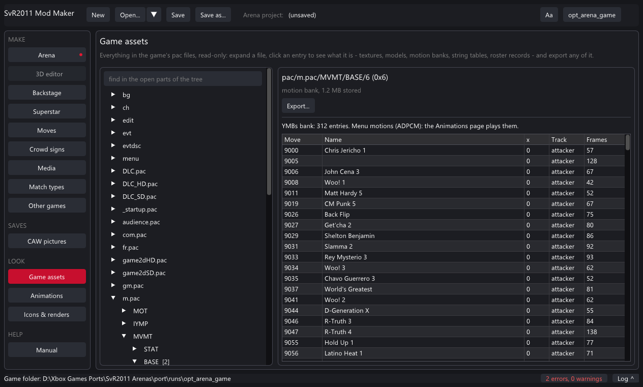 The Game assets page: the pac tree with a motion bank selected and listed