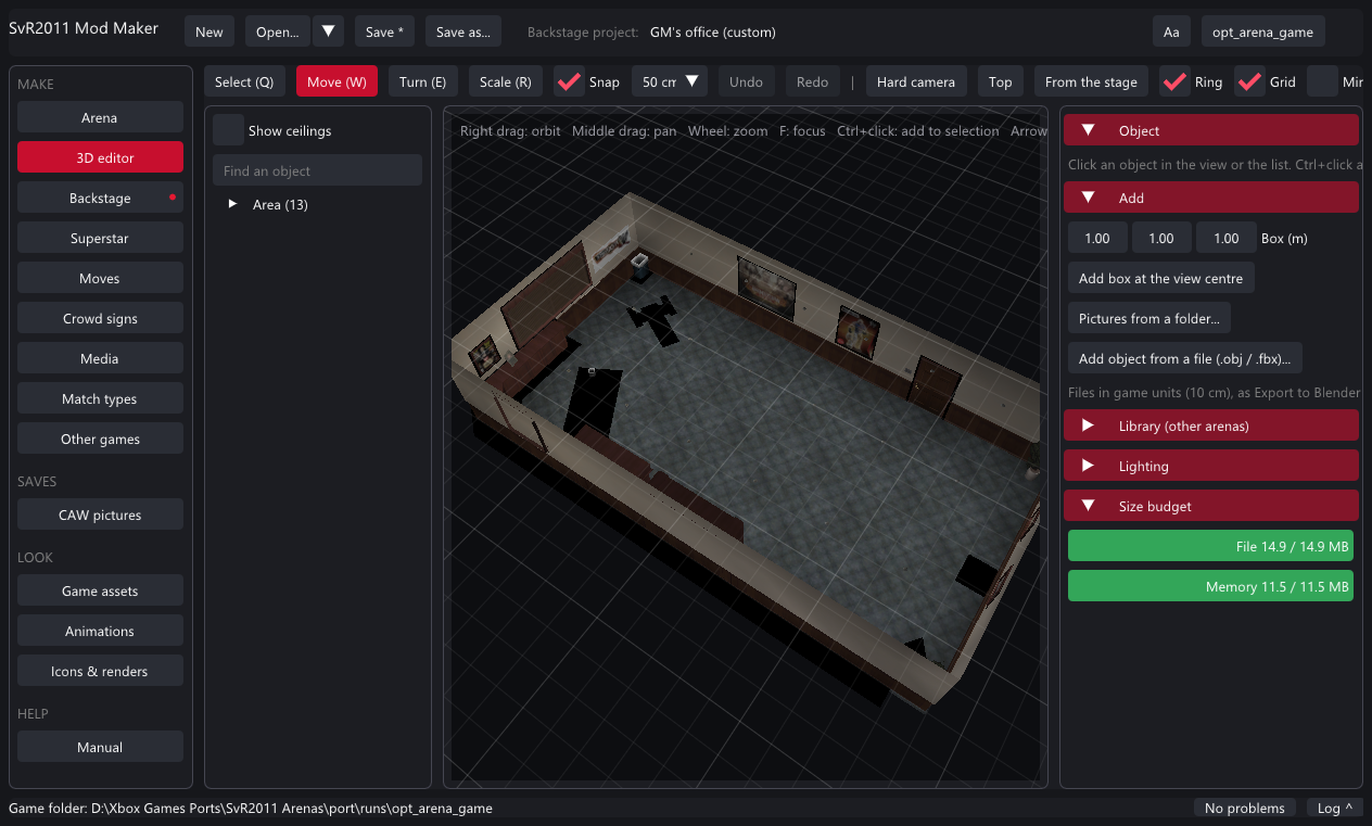 The GM's office in the 3D editor, opened from the Backstage page