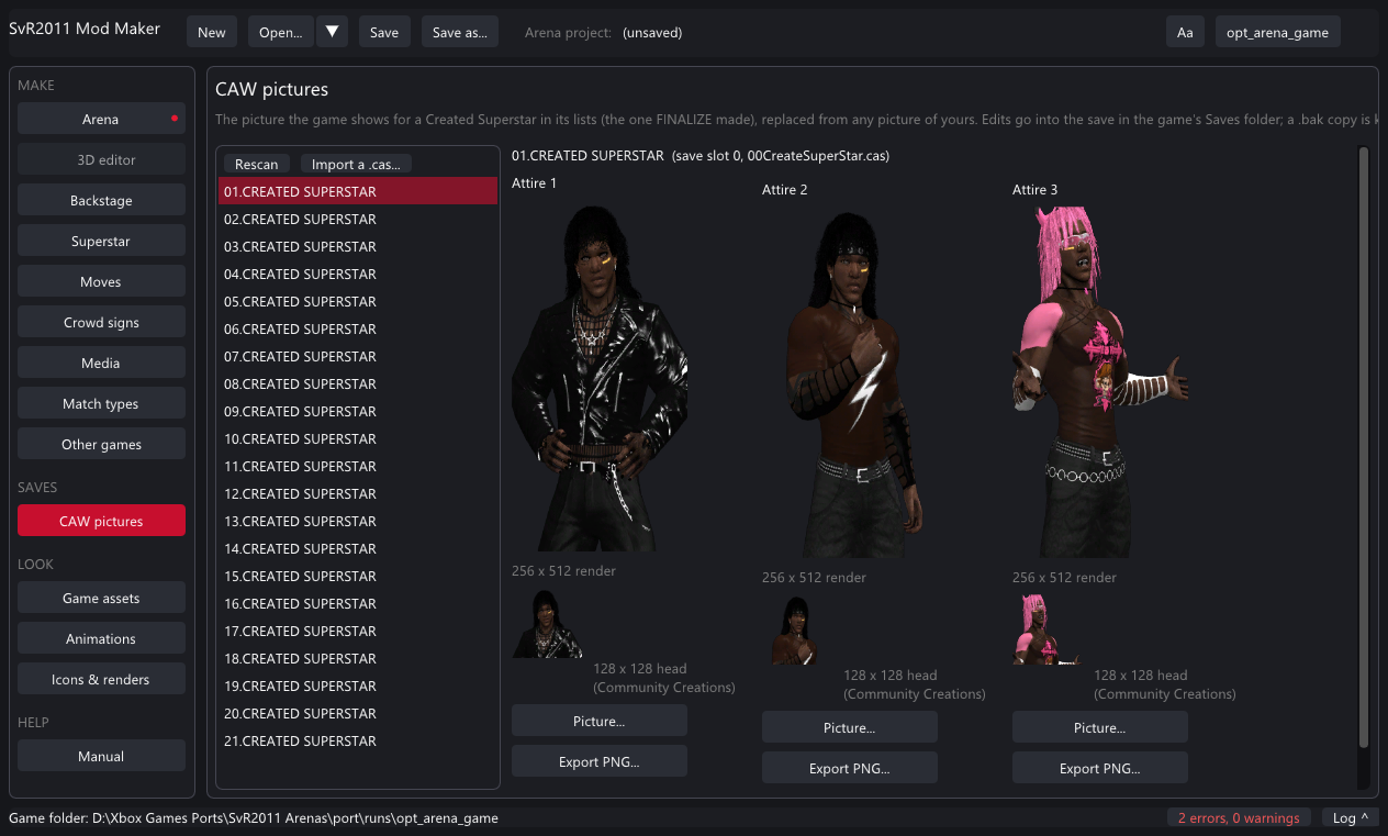 The CAW pictures page showing a Created Superstar's three attire renders and heads