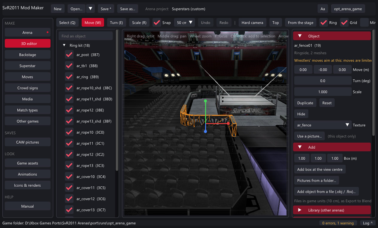 The 3D editor: outliner on the left, the arena in 3D with a selected barrier, the Object / Add / Ring Kit panels on the right