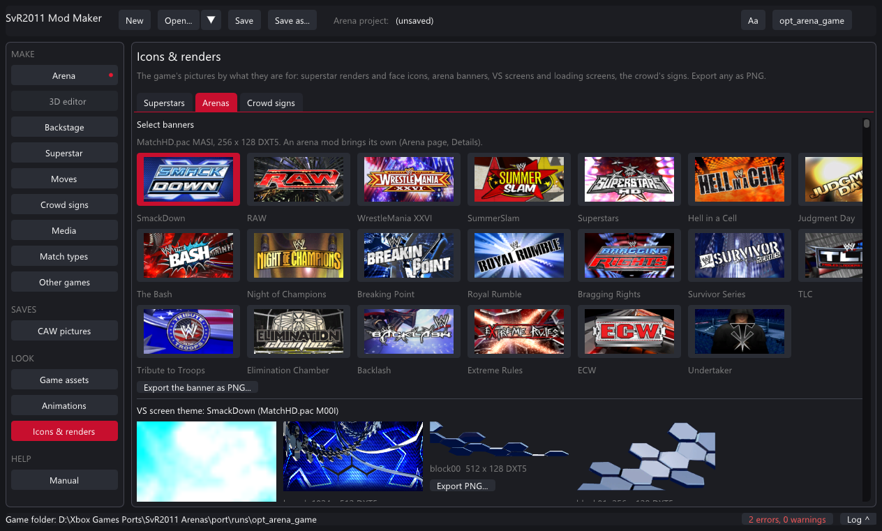The Icons & renders page: arena banners and a VS screen theme