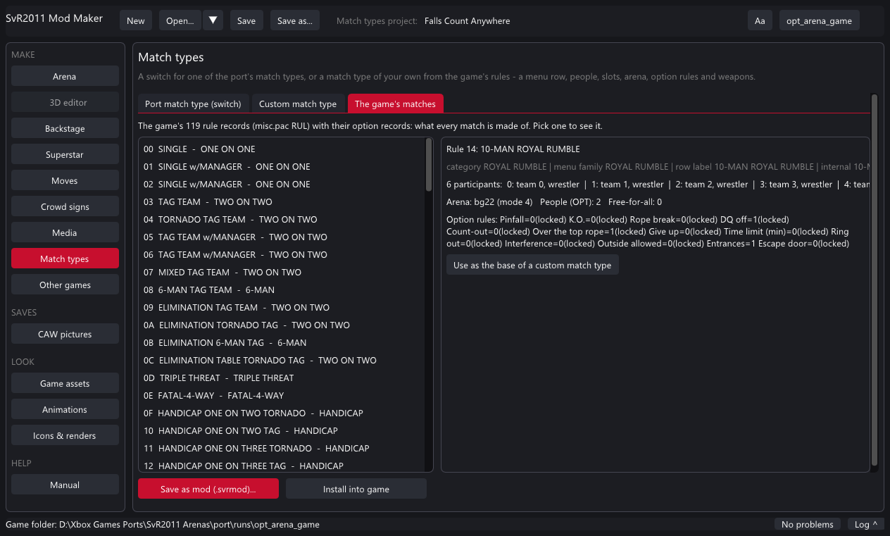 The Match types page's 'The game's matches' tab: the 119 rules with one decoded