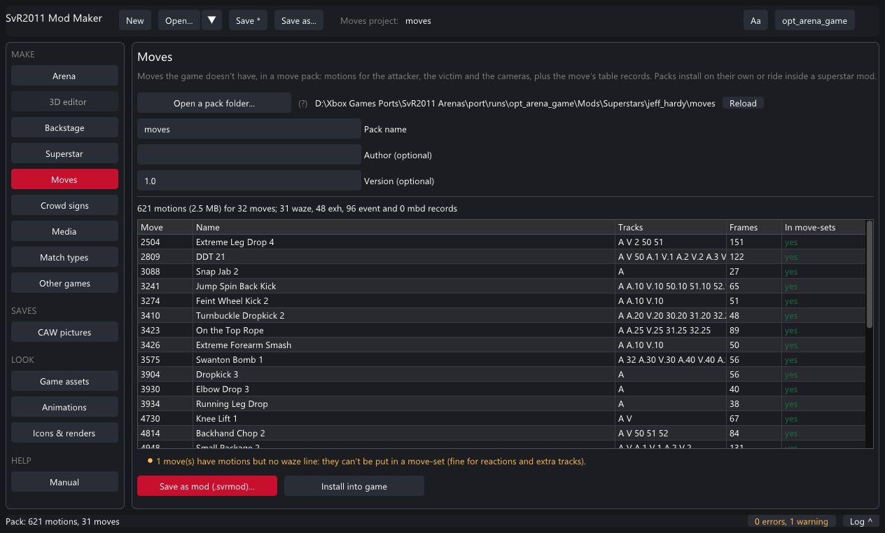 The Moves page listing a pack's moves with names, tracks and frames