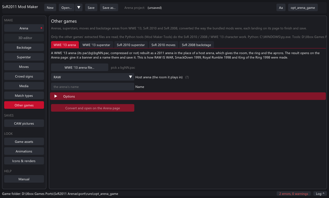 The Other games page: WWE '13 arena tab with the host arena choice and options